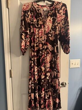 Women’s Brown Paisley Midi Dress with Pink and Cream Accents